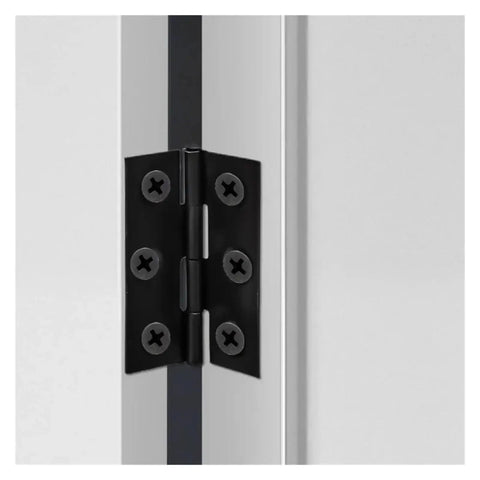Close-up of black Rotating Concealed Door Hinges Stainless Steel 2 Inch Flat Hinge Connectors on a cabinet door
