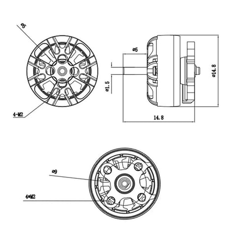 Technical drawing of Dope 1103 8500KV Brushless Drone Motor For Tinywhoop 2-3S Lipo, featuring dimensions and shaft details.