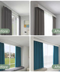 Before and after installation of Four In One Curtain Pelmet With Double Rails And Decorative Panel Custom Length Ceiling Mount
