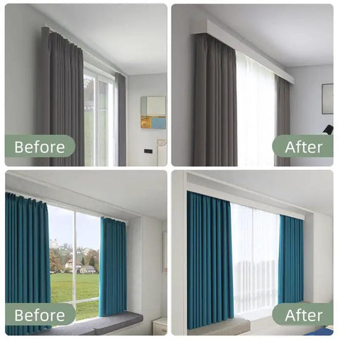 Before and after installation of Four In One Curtain Pelmet With Double Rails And Decorative Panel Custom Length Ceiling Mount