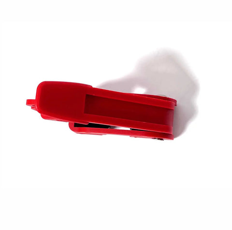 Side view of a red 12 Pack Circuit Breaker Lockout Tagout Kit For Standard Single And Double Toggle Breakers OSHA Compliant Loto Device.