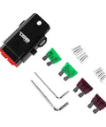 Badass 8 AWG Marine Fuse Holder With Waterproof Red Silicone Sheath And Solid Brass Terminals Includes Quick Install ATC Fuses. Image of fuse holder with ATC fuses and tools.
