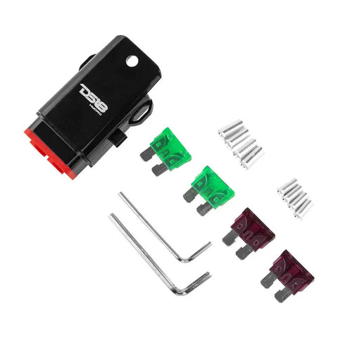 Badass 8 AWG Marine Fuse Holder With Waterproof Red Silicone Sheath And Solid Brass Terminals Includes Quick Install ATC Fuses. Image of fuse holder with ATC fuses and tools.