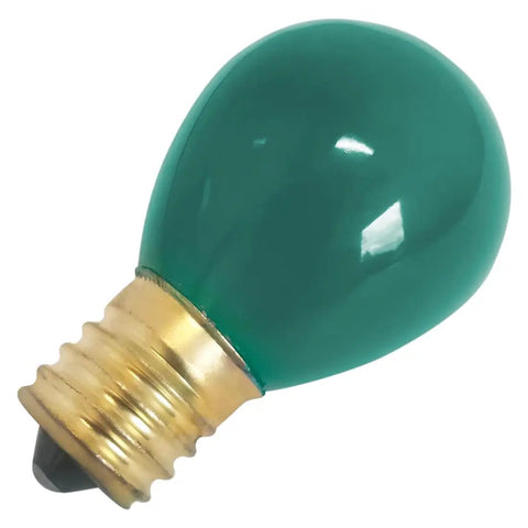 Slick Green Light Bulbs Two Pack 10 Watt 130 Volt S11 Shape With E17 Screw Base clear view of a green bulb with gold base