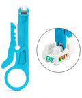 Blue pocket-size wire stripper tool for RJ45 Cat5/Cat6 cables with punch down cutter, part of six-piece set for networking.