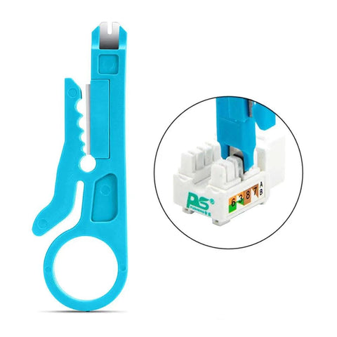 Blue pocket-size wire stripper tool for RJ45 Cat5/Cat6 cables with punch down cutter, part of six-piece set for networking.