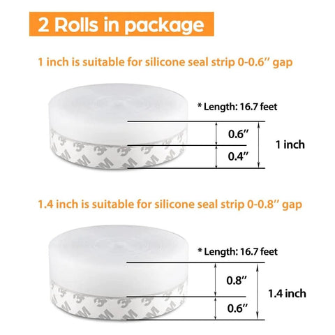 Two rolls of transparent self-adhesive silicone weather-stripping tape; 16.7 ft each for doors, windows, and shower doors