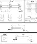 Technical diagram of Matte Black 3 Handle Tub And Shower Faucet Set With Rainfall 8 Inch Shower Head Waterfall Tub Spout And Valve Trim Kit