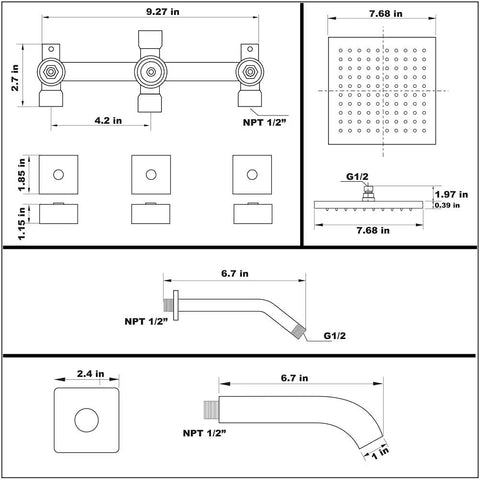 Technical diagram of Matte Black 3 Handle Tub And Shower Faucet Set With Rainfall 8 Inch Shower Head Waterfall Tub Spout And Valve Trim Kit