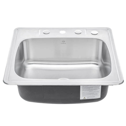 Single Bowl Stainless Steel Kitchen Sink 25 By 22 By 9 Inches Top Mount Drop In With Strainer And Dish Rack 18 Gauge T304 Rust Resistant Dent Proof Four Faucet Holes No Fuss Install, front view