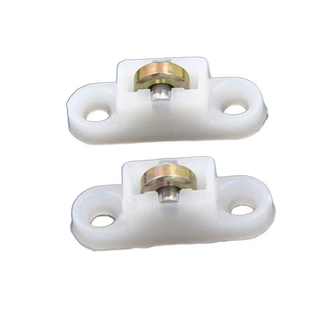 Slide Like Butter Heavy Duty Plastic Steel Sliding Door Rollers And Window Pulley Bearings Double Flat Replacement Hardware For Easy Gliding 10 Piece Set, close-up view of two white flat pulleys with metal bearings.