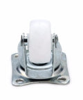 Built Tough Universal Swivel Casters Featuring Shock Resistant Ball Bearings White Nylon Roller Wheels Designed For Heavy Duty Platform Carts And Rolling Chairs No Sweat Operation, front view of white nylon wheel.