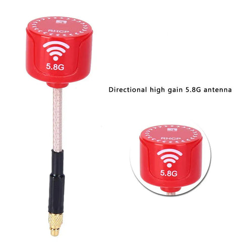 Red 5.8Ghz FPV Drone Antenna High Gain Bendable Directional For Steady Pro Grade Video Transmission With 100MHz Bandwidth MMCX Straight Connector Ideal For Race Drones, showing MMCX connector and 3dBi RHCP design