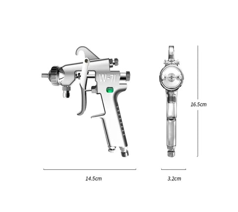 Pro Grade Pneumatic Paint Sprayer With 1 8 Mm Precision Atomizing Nozzle and Spill Safe Top Fill Cup side view with dimensions