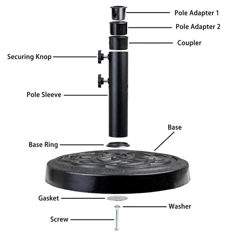 Heavy Duty 48 Pound Outdoor Umbrella Base With Stainless Steel Tube And Square Resin Stand showing assembly parts