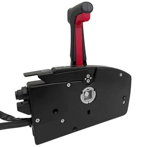 Side view of Aftermarket Replacement Remote Control for Mercury Outboard Engine with pull-to-open trim switch, red lever.
