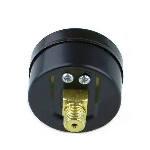 Back view of airbrush compressor pressure regulator with gauge attachment, one quarter inch BSP thread visible.