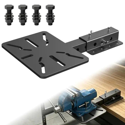 Badass Heavy Duty Carbon Steel Vise Mount With Flexible Angle Swivel Rod For Bench Grinder Stand showing adjustable bracket and bolts.