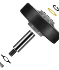 Real Deal Dryer Drum Support Roller Kit Two Pack showing roller and metal shaft for Maytag and Admiral appliances.