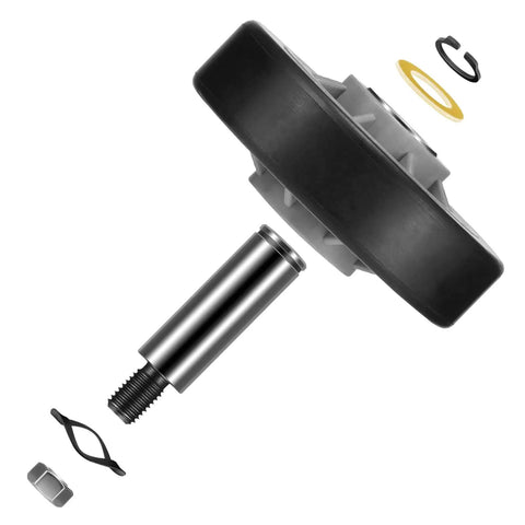 Real Deal Dryer Drum Support Roller Kit Two Pack showing roller and metal shaft for Maytag and Admiral appliances.
