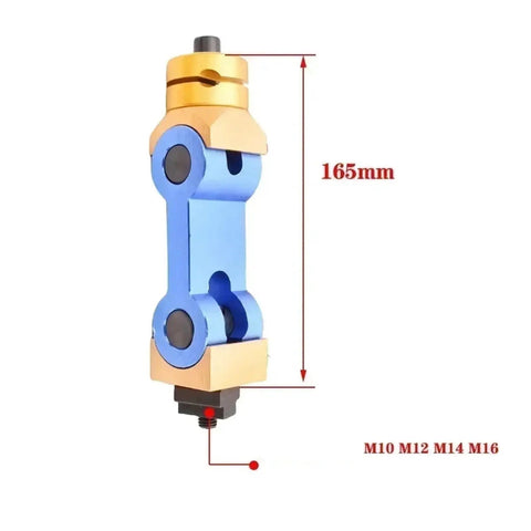 Universal Adjustable CNC Mill And Lathe Work Stop Positioner Featuring Rock Solid Multi Function Locator Tool For Quick Bench Setup and Dead Nuts Accurate Clamping Daily, 165mm height, blue and gold color.