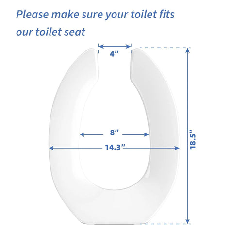 Elongated Open Front Toilet Seat With Thickened Material That Never Loosens White 18.5 Inch shown with dimensions