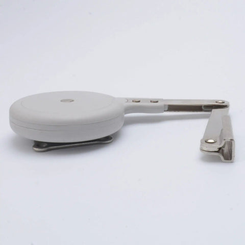 Heavy Duty Lid Support Hinge 90 Degree Open With Silent Damping shown on its side, showcasing the sturdy design and short arm.