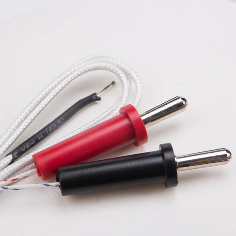 Two K-type thermocouple temperature sensors with red and black housings and braided white wires, mini connectors