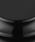 Close-up of black shade on Duncan Flush Mount Light In Pewter With Black Shade, Clean Industrial Vibe Ceiling Fixture, Classic Silhouette.