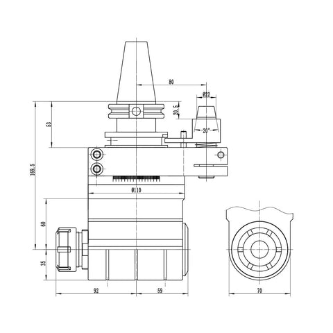 Top Shelf Cat40 To Er32 90 Degree Angle Head Vmc Spindle Adapter With Bulletproof Torque Transfer detailed technical drawing.