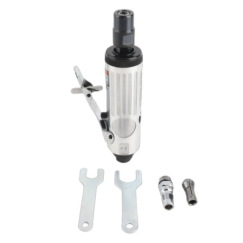 Heavy Duty Pneumatic Die Grinder With Lightweight Air Powered Build For Quick Cut And Detail Work In Tight Fits Featuring High RPM Spin And Rock Solid Quarter Inch Collet Grip Smooth Handle Layout For All Day Grind, with wrenches.