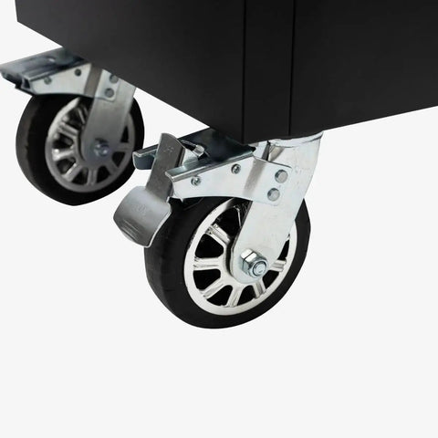 Heavy Duty Steel Rolling Tool Chest With Fourteen Deep Full Extension Drawers And Massive Mega Top Tray showing sturdy metal wheels.