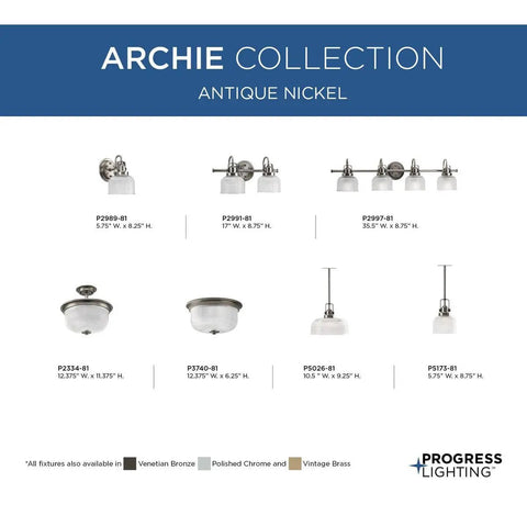 Archie Collection lighting fixtures in antique nickel, featuring various pendant and flush mount designs with prismatic glass.