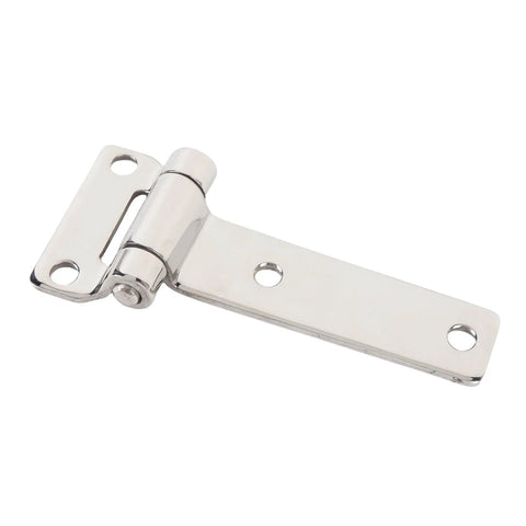Stainless steel T-shaped door hinge with mounting plate and screw holes; close-up view.