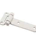 Close-up of a T-shape stainless steel door hinge with mounting plates and hinge pin
