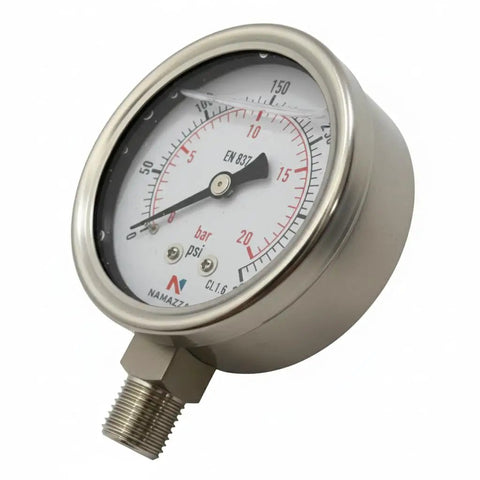 2.5 Inch Glycerin Filled Pressure Gauge 0 To 300 PSI 20 Bar With One Quarter Inch NPT Lower Mount, Stainless Steel Case