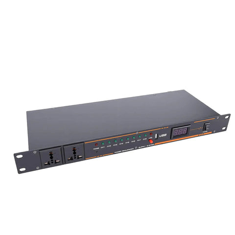 Heavy Duty 10 Outlet Power Sequencer Conditioner with bright digital display, rack mountable, two outlets visible.