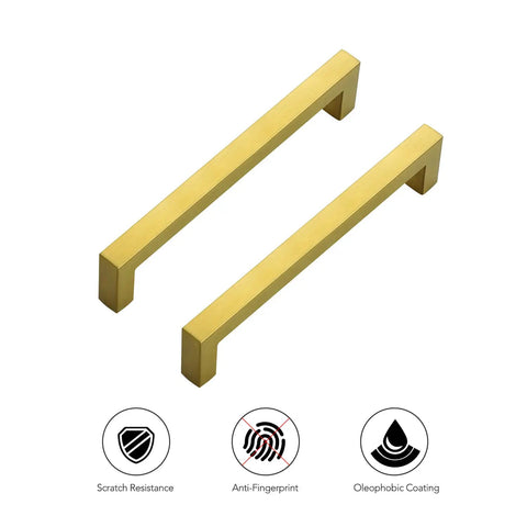 Brushed Brass Square Cabinet Handles With 6 1 4 Inch Center To Center Spacing Heavy Duty Kitchen Drawer Pulls And Vanity Hardware close-up view showing surface finish.