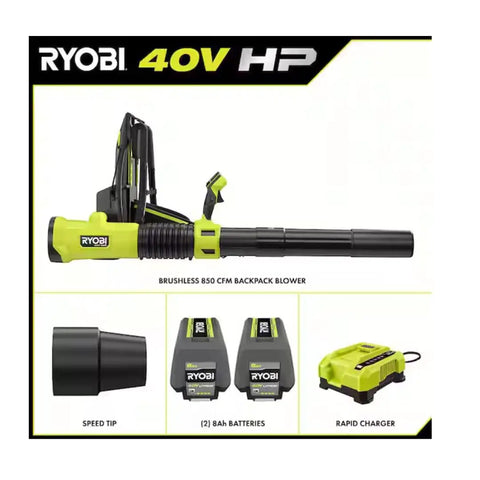 Badass 40V Cordless Backpack Leaf Blower With Brushless Motor Kicks Leaves And Twigs Into Oblivion While Serving 850 Cfm Blast And 180 Mph Winds For Serious Weekend Cleanup Grinds With Whisper Quiet Operation, showcasing the blower, batteries, and charger.