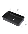 Black rectangular vessel sink, above counter style, 24x14 inch, durable ceramic with glossy glaze finish, modern bathroom basin.