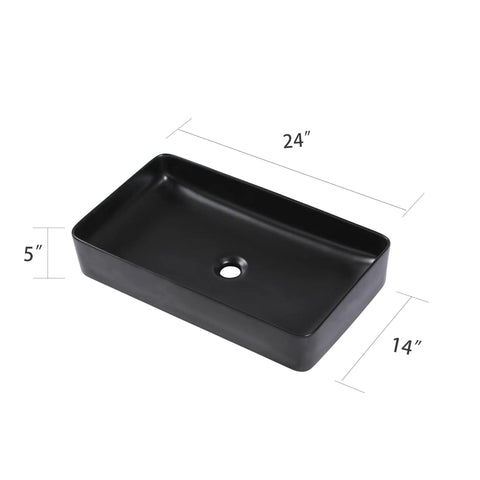 Black rectangular vessel sink, above counter style, 24x14 inch, durable ceramic with glossy glaze finish, modern bathroom basin.