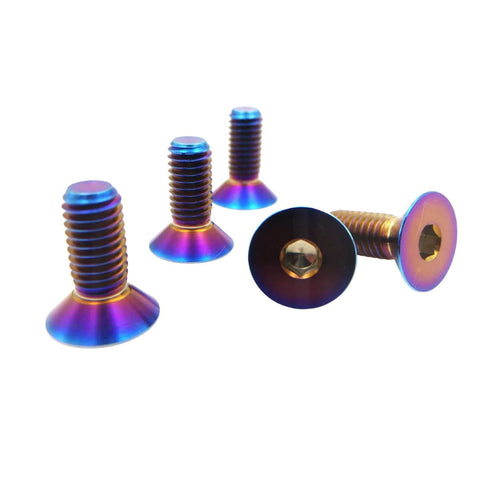 Beefy Titanium Bolts M6x20mm Burnt Blue Flat Head Hex Socket Cap Screws Countersunk Pack of 5 shown from front and side view.