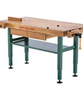 Heavy Duty Solid Oak Workbench With Bulletproof Steel Legs And Dual Vise Setup featuring oak top, adjustable frame, and storage drawers.