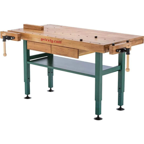 Heavy Duty Solid Oak Workbench With Bulletproof Steel Legs And Dual Vise Setup featuring oak top, adjustable frame, and storage drawers.