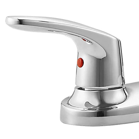 Close-up of handle detail on Colony Pro Two-Handle High Arc Kitchen Faucet With Spray In Polished Chrome, ADA Compliant