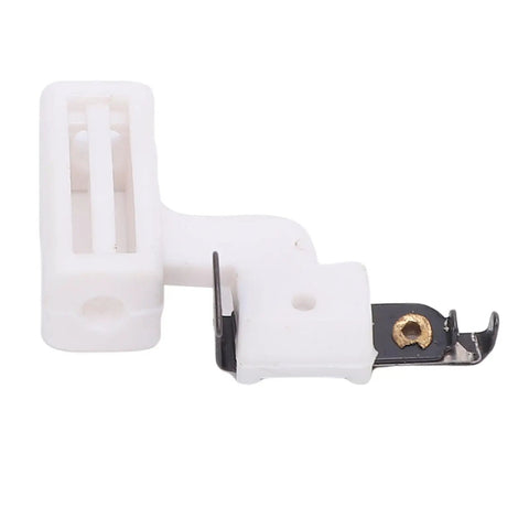 Effortless Needle Threader For Home Sewing Machines Plastic Multifunction Threading Tool That Works With Cotton Fine And Heavy Threads No Sweat Threading One Push For Easy Seams And Craft Projects. White plastic sewing machine needle threader, close-up side view