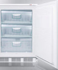 Rock Solid Upright Freezer Zero Hassle Freestanding Or Built In Configuration For Serious Cold Storage Workhorse You Can Depend On Every Single Day, showing open door with three clear drawers.