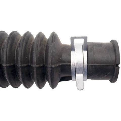 Close-up of Clothes Washer Drain Hose Replacement With Clamps For Quick Install Fits Most Direct Drain Systems Includes Two Clamps AP5736555 PS8737474 Durable Flexible Hose For Reliable Water Drainage And Easy DIY Appliance Repair showing hose texture and metal clamp.