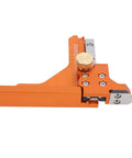 Heavy Duty Aluminum Alloy Height Gauge And Depth Ruler Offering Dual Measurement Scales For Exact Router Bits And Sawblade Measurements view from the side with adjusting knob.