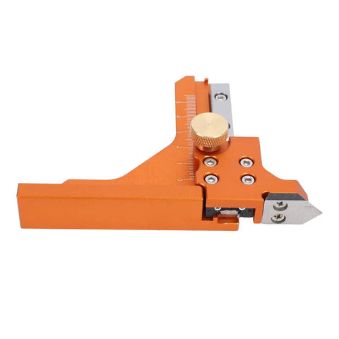 Heavy Duty Aluminum Alloy Height Gauge And Depth Ruler Offering Dual Measurement Scales For Exact Router Bits And Sawblade Measurements view from the side with adjusting knob.